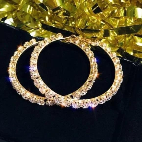 NEW 18K YELLOW GOLD DIAMOND HOOP EARRINGS, BEAUTIFUL EARRINGS, CUTE EARRINGS. - Picture 5 of 6
